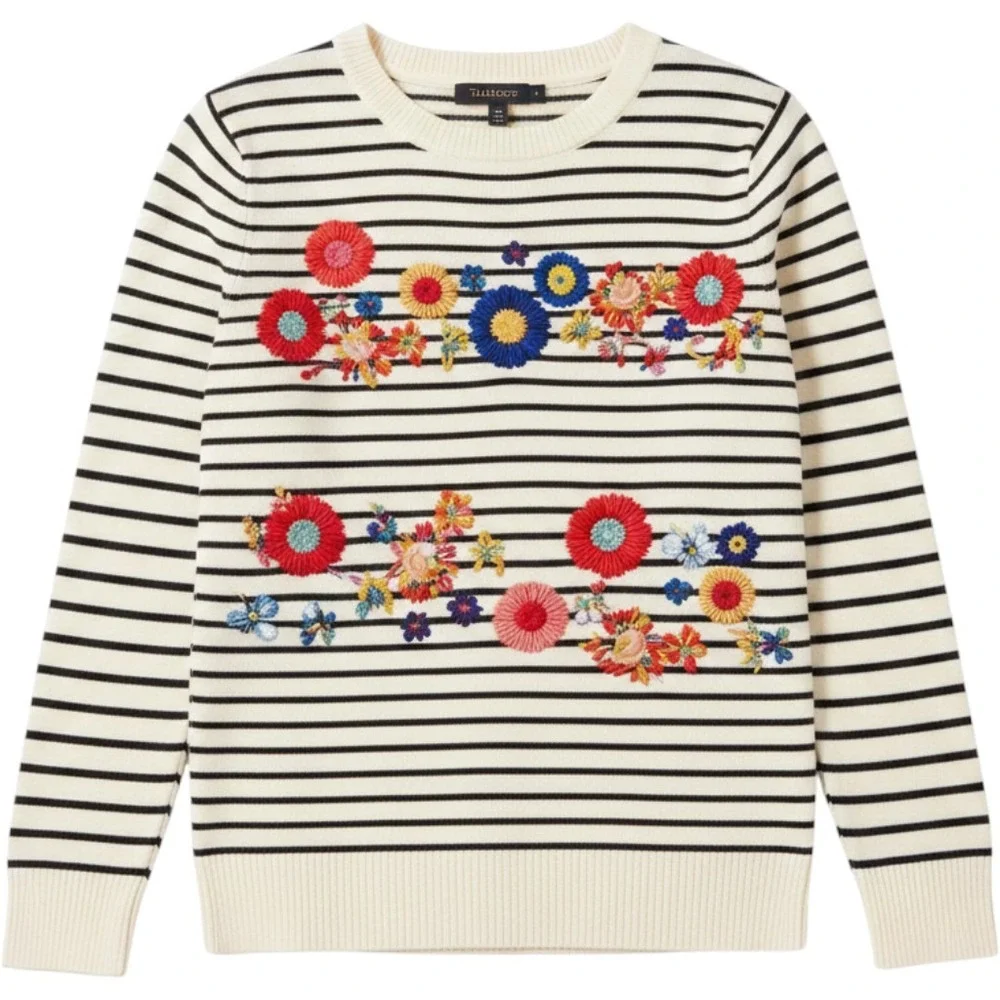 Talbots Sweater Ivory Black Striped Floral Embroidered Beaded Ruffle Cuff M‎